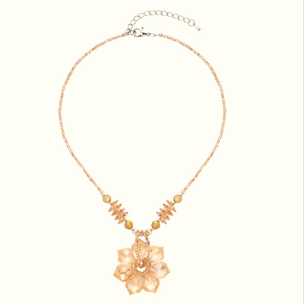 Champagne Color Glass Beaded Floral Necklace 20-22 Inches in Silvertone